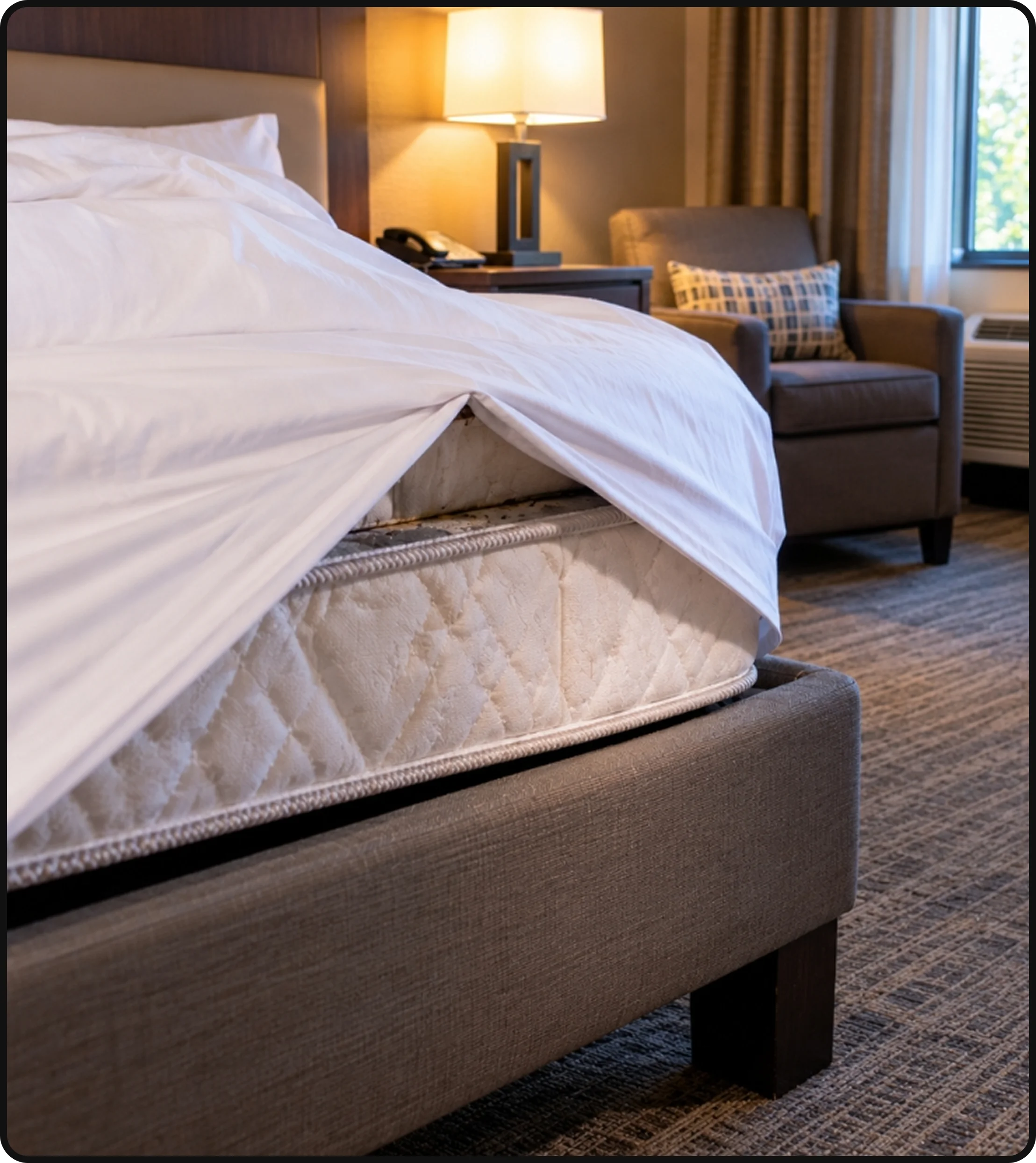 Hotel room mattress exposed for inspection for signs of bed bugs and other pests