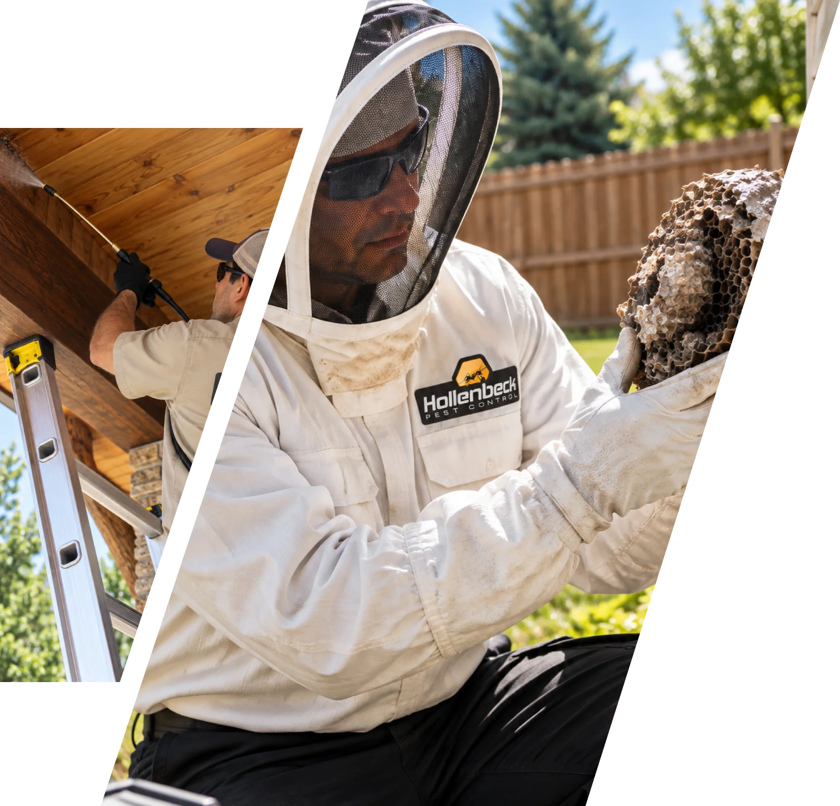 Hollenbeck Pest Control technician removing a wasp nest from a residential property