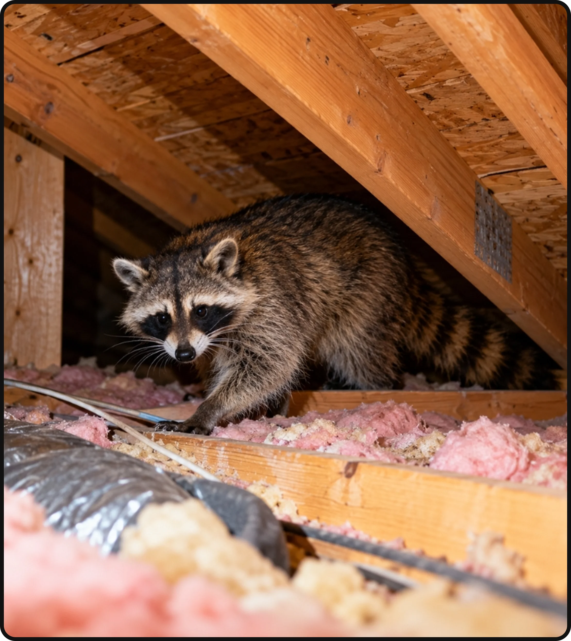 Raccoon inside a residential attic near insulation