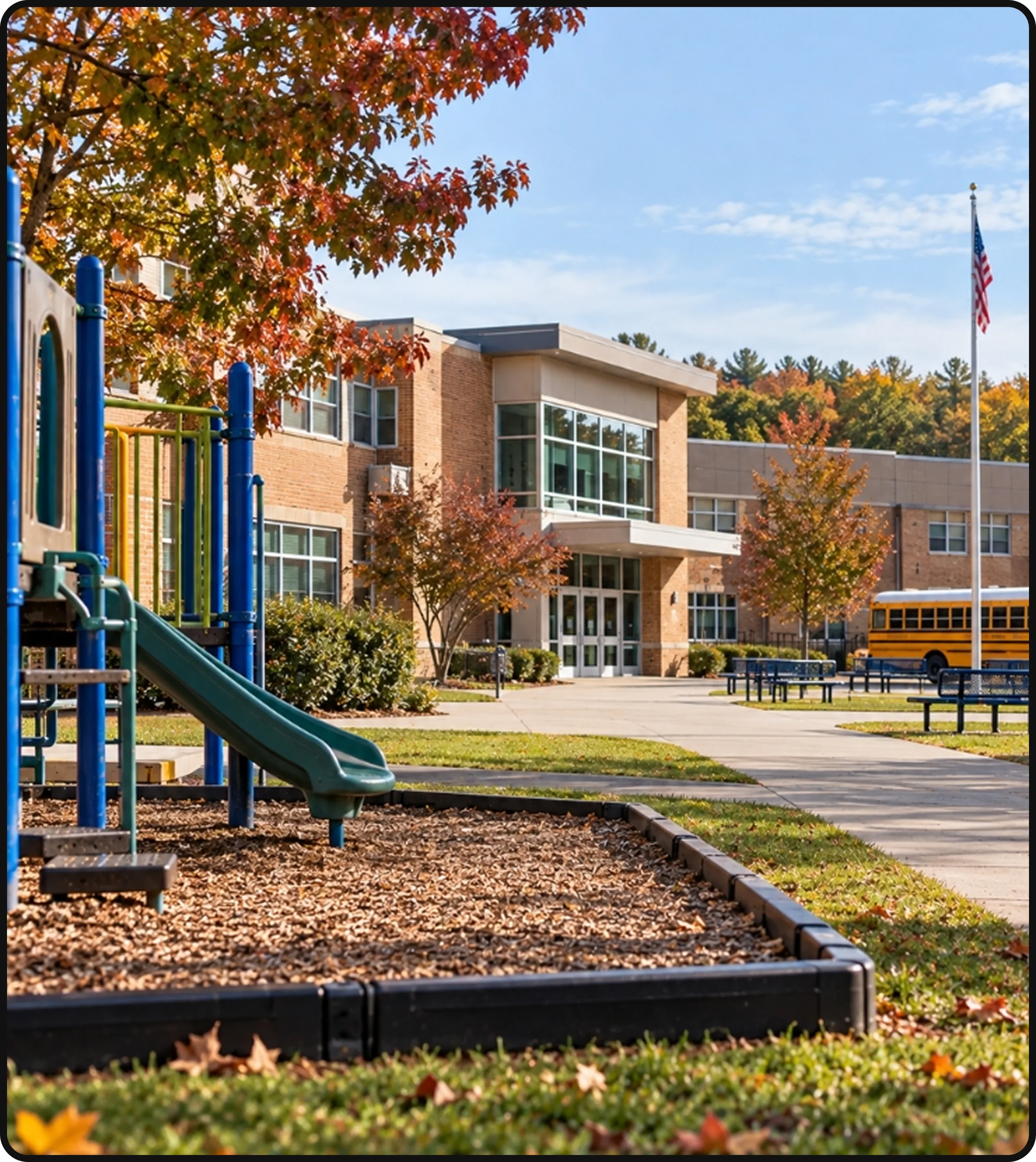 School campus exterior with playground, landscaped grounds and school building
