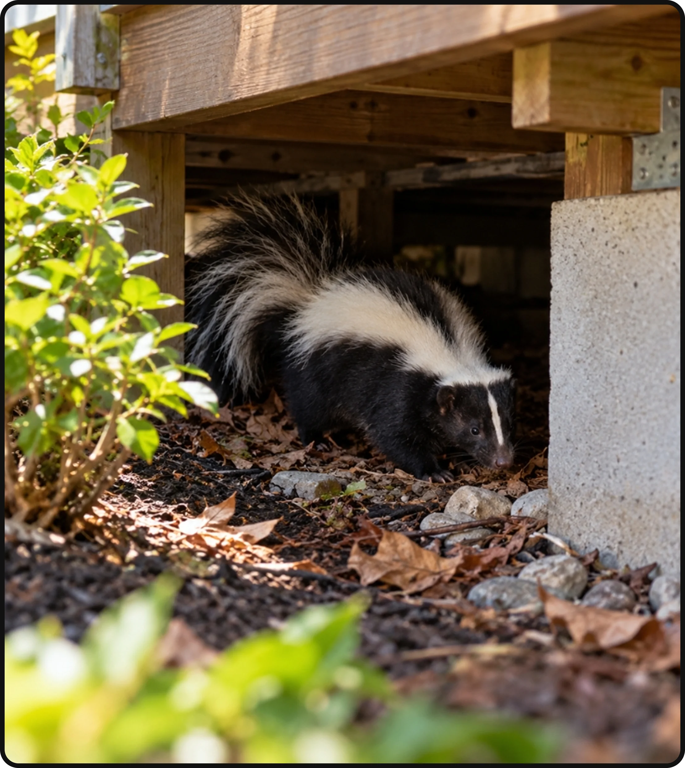 Skunk under a residential deck near the foundation