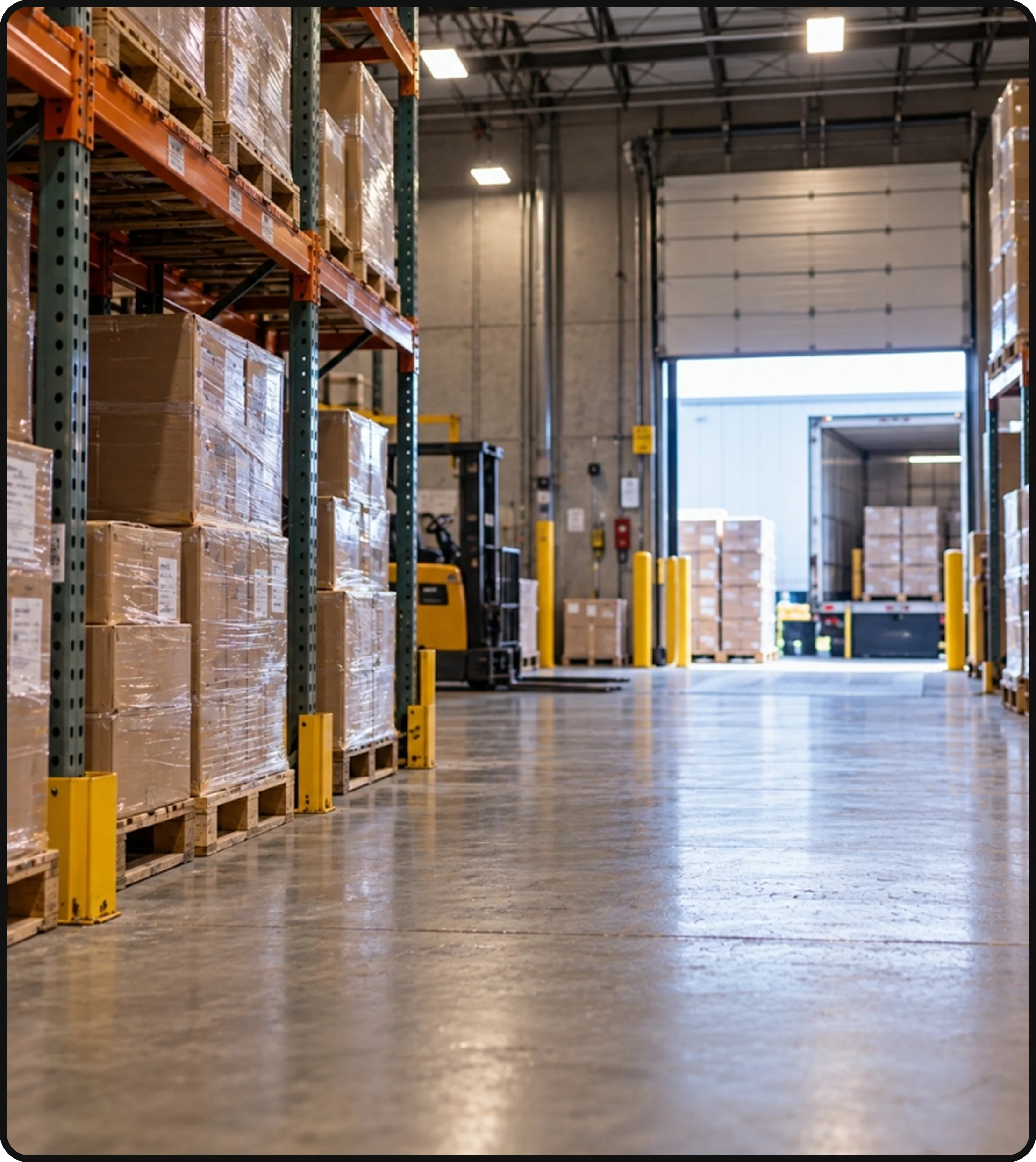 Warehouse interior with pallet storage, loading dock and commercial storage areas