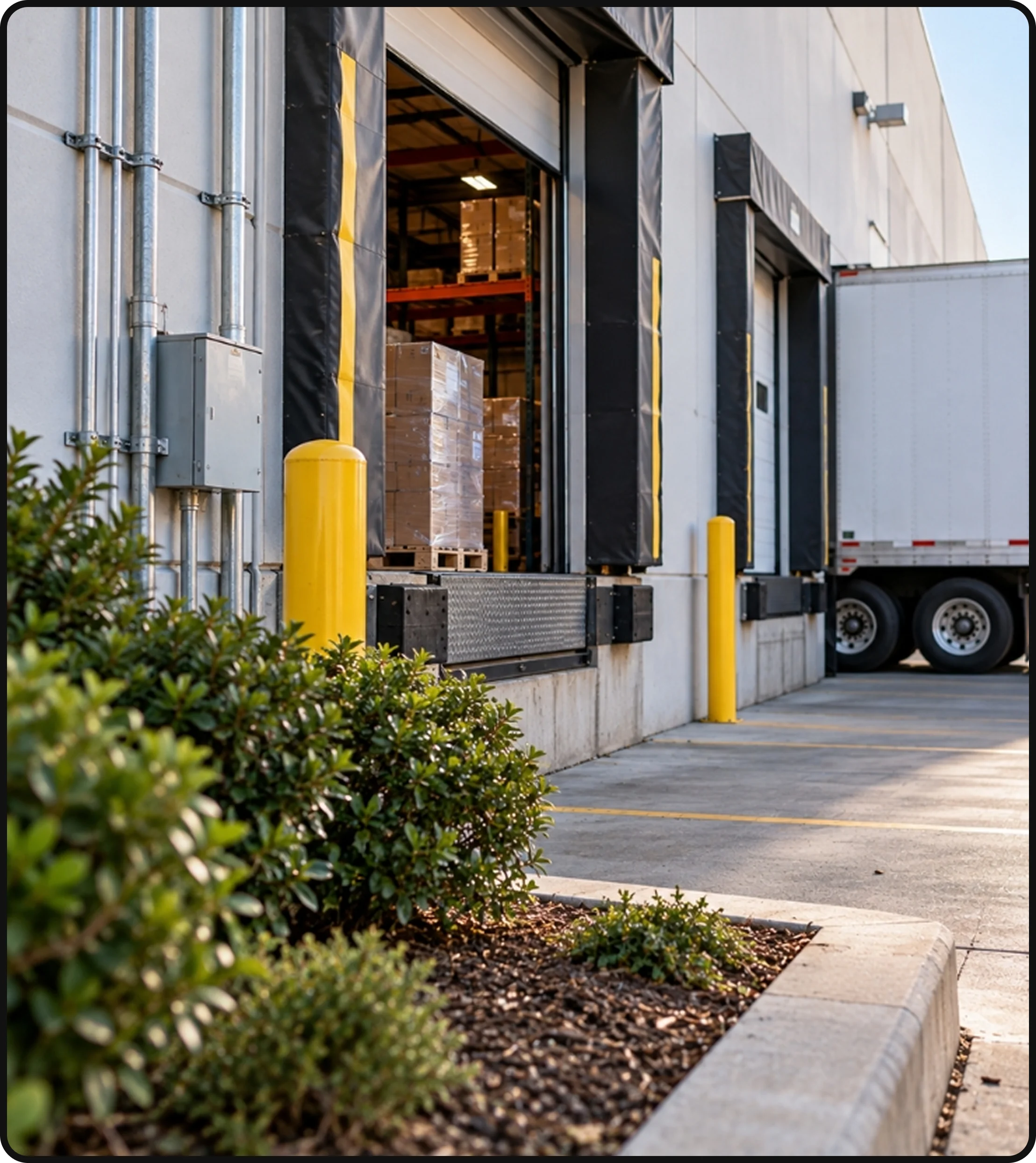Warehouse loading dock with commercial delivery area and landscaped exterior